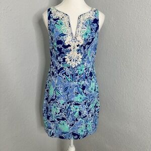 Lilly Pulitzer Gabby Sleeveless Shift Dress Blue Green White Print Lace Size  2